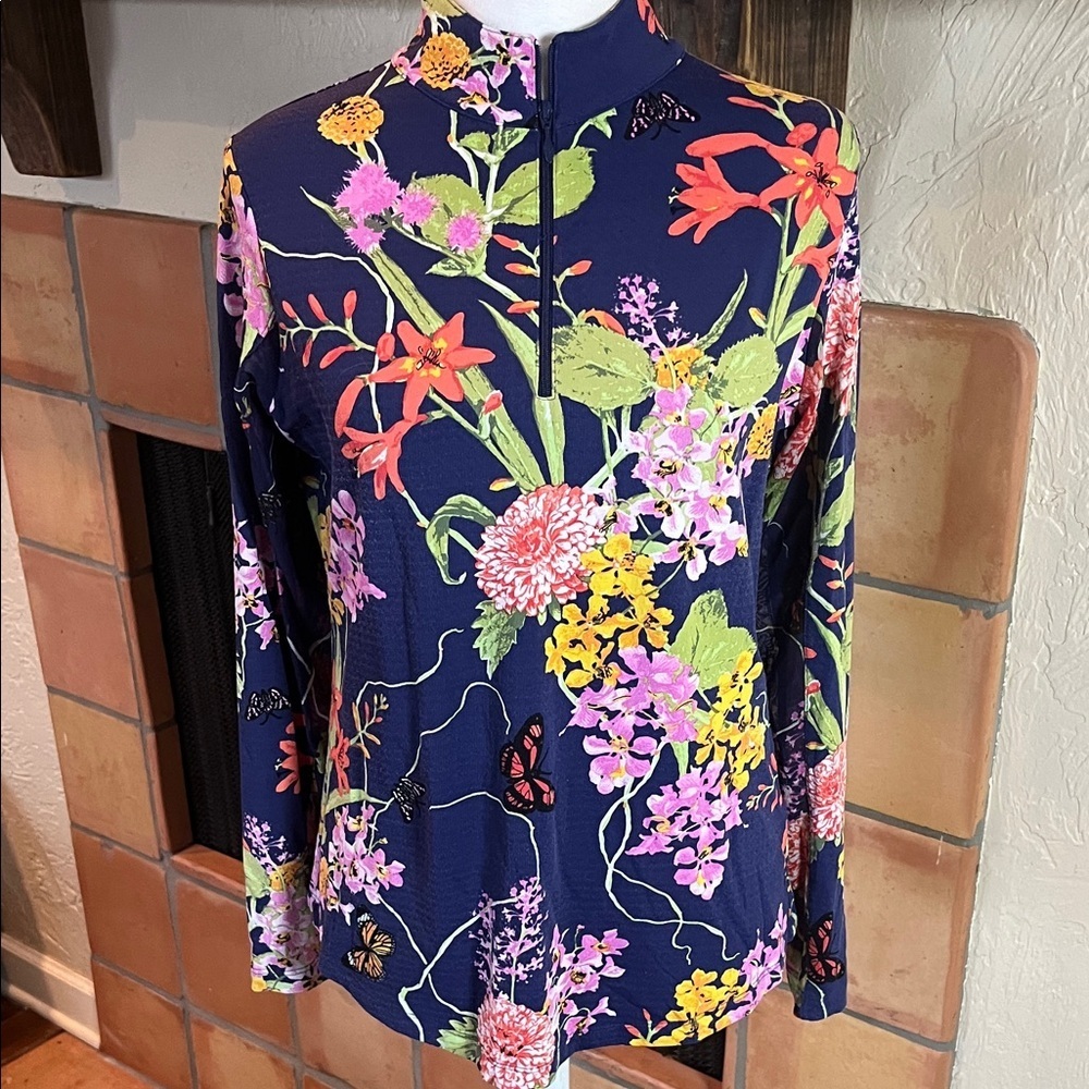IBKUL Navy Blue Floral 1/4 Zip Mock Neck Long Sleeve Top, size S